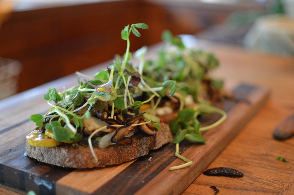 Shiitake Mushrooms, Sprouts and Goat Cheese On Toast